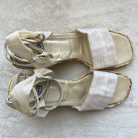 Stuart Weitzman Cream Organza Mesh Wedge Heel Sandals Women 7 Ankle Strap Laces - Picture 7 of 16